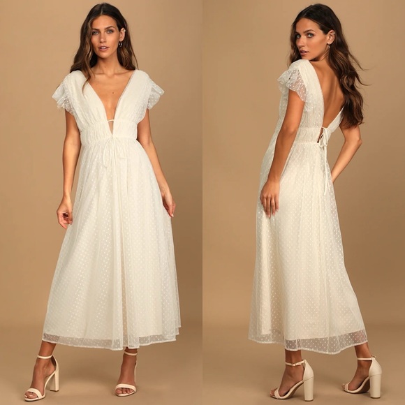 Lulus Dresses & Skirts - Lulus | Yours Evermore Cream Swiss Dot Ruffled Midi Dress